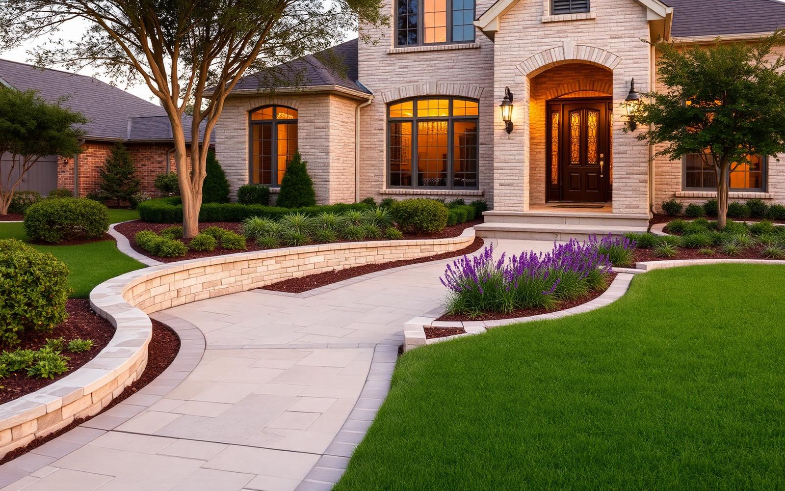 Renovated front yard with stone bordered beds, flagstone walkway and lit facade